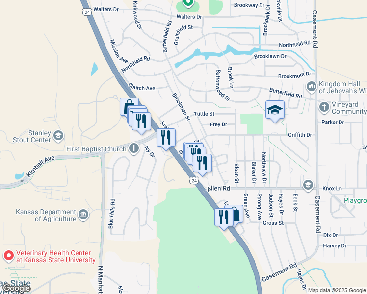 map of restaurants, bars, coffee shops, grocery stores, and more near 810 Griffith Drive in Manhattan