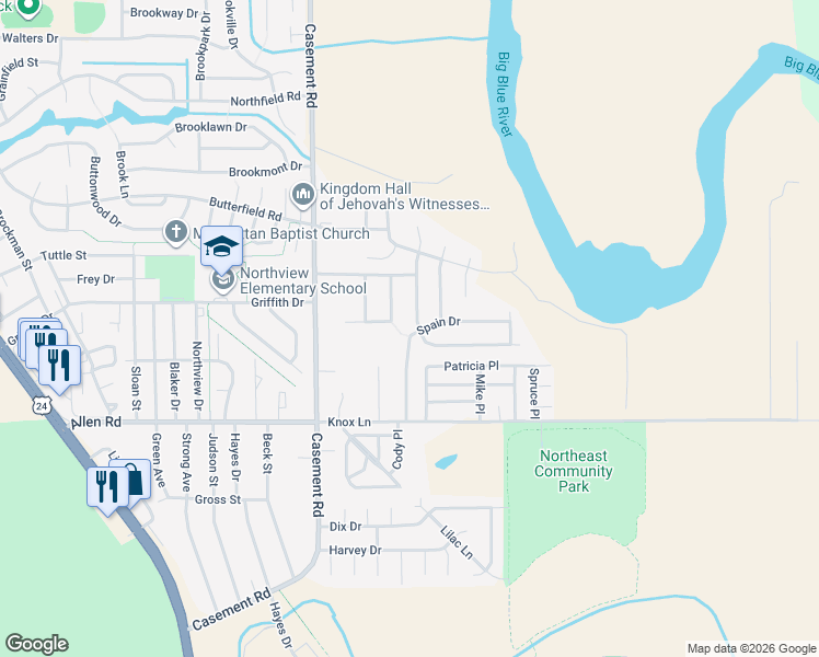 map of restaurants, bars, coffee shops, grocery stores, and more near 2207 Spain Drive in Manhattan