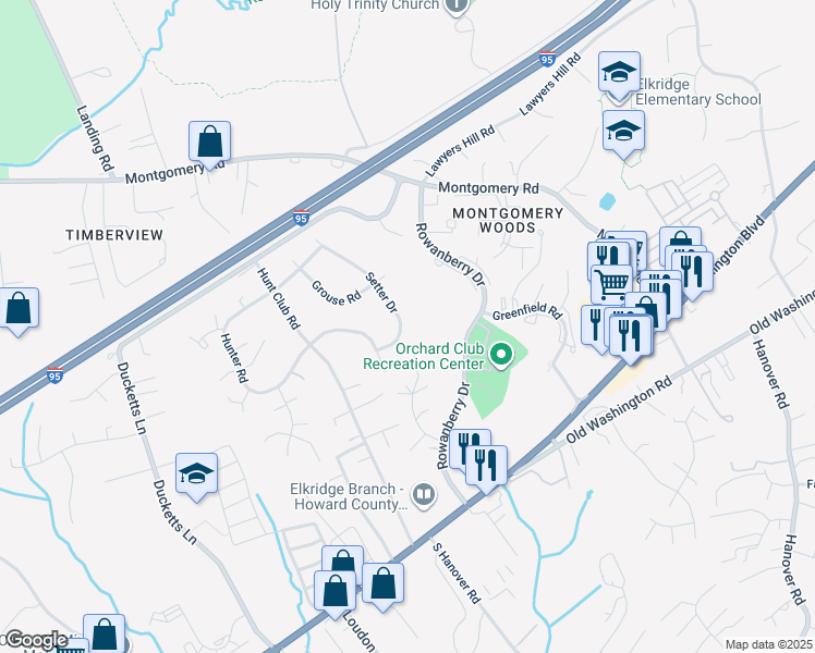 map of restaurants, bars, coffee shops, grocery stores, and more near 5977 Setter Drive in Elkridge