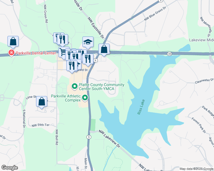 map of restaurants, bars, coffee shops, grocery stores, and more near 6112 Northwest Pineridge Road in Parkville