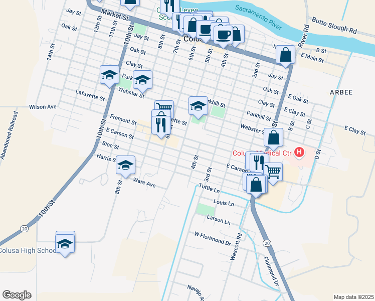 map of restaurants, bars, coffee shops, grocery stores, and more near 438 Carson Street in Colusa
