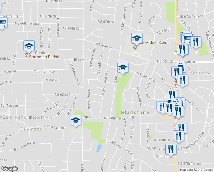map of restaurants, bars, coffee shops, grocery stores, and more near 6209 North Woodland Avenue in Kansas City