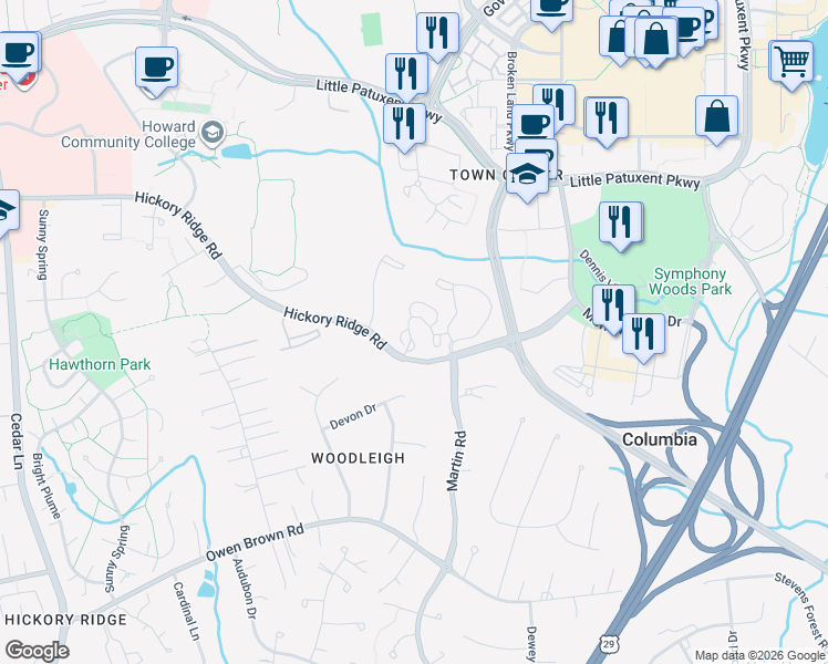 map of restaurants, bars, coffee shops, grocery stores, and more near 10300 Hickory Ridge Road in Columbia
