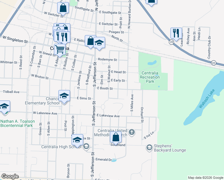 map of restaurants, bars, coffee shops, grocery stores, and more near 710 East Booth Street in Centralia