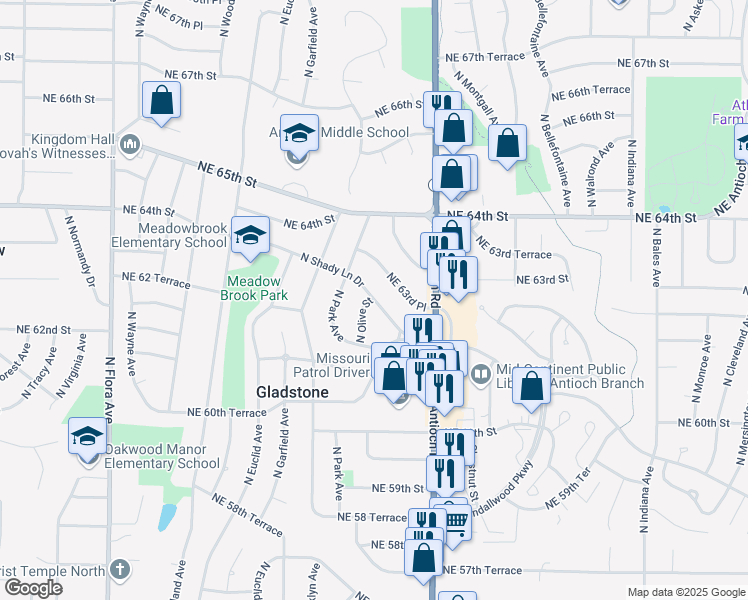 map of restaurants, bars, coffee shops, grocery stores, and more near 2401 Northeast Shady Lane Drive in Gladstone
