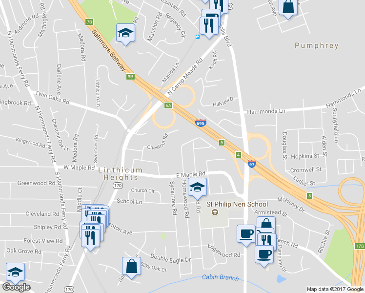 map of restaurants, bars, coffee shops, grocery stores, and more near 457 Gayle Drive in Linthicum Heights