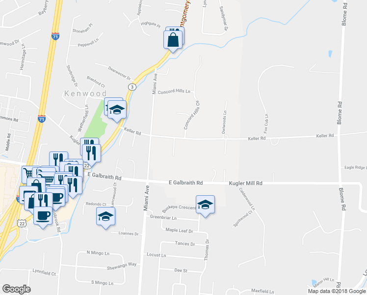 map of restaurants, bars, coffee shops, grocery stores, and more near 7835 Keller Road in Cincinnati