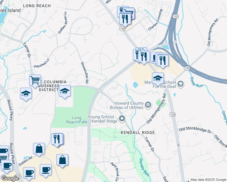 map of restaurants, bars, coffee shops, grocery stores, and more near 8424 Oak Bush Terrace in Columbia