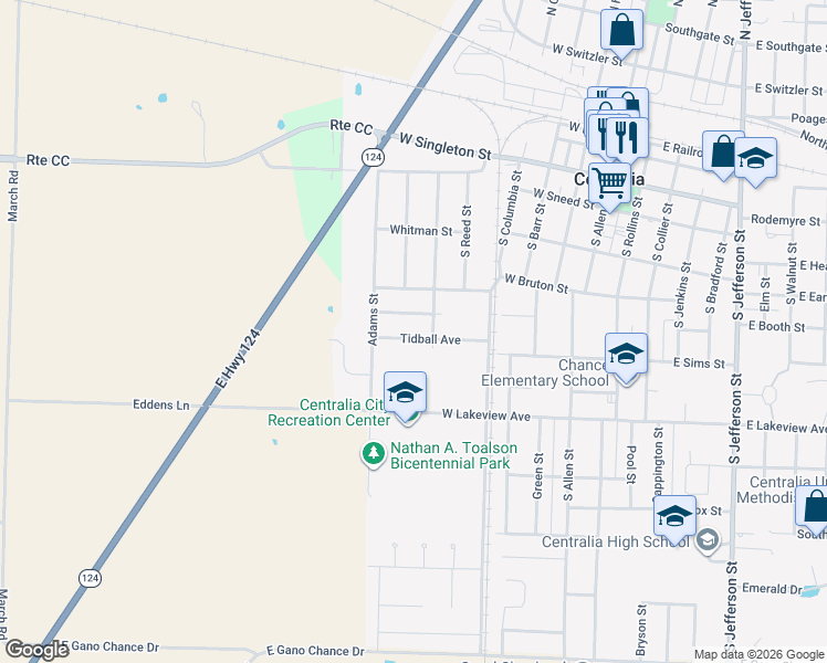 map of restaurants, bars, coffee shops, grocery stores, and more near 749 Tidball Ave in Centralia
