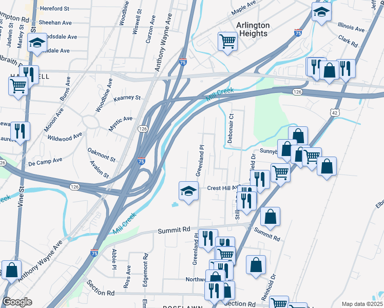 map of restaurants, bars, coffee shops, grocery stores, and more near 7862 Dawn Rd in Cincinnati
