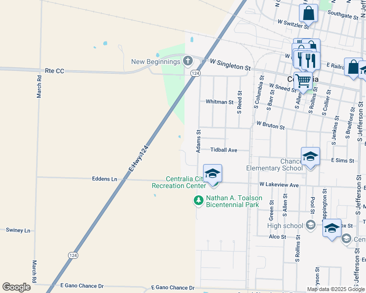 map of restaurants, bars, coffee shops, grocery stores, and more near 401-453 Adams Street in Centralia