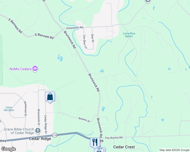 map of restaurants, bars, coffee shops, grocery stores, and more near 12730 Brunswick Road in Grass Valley