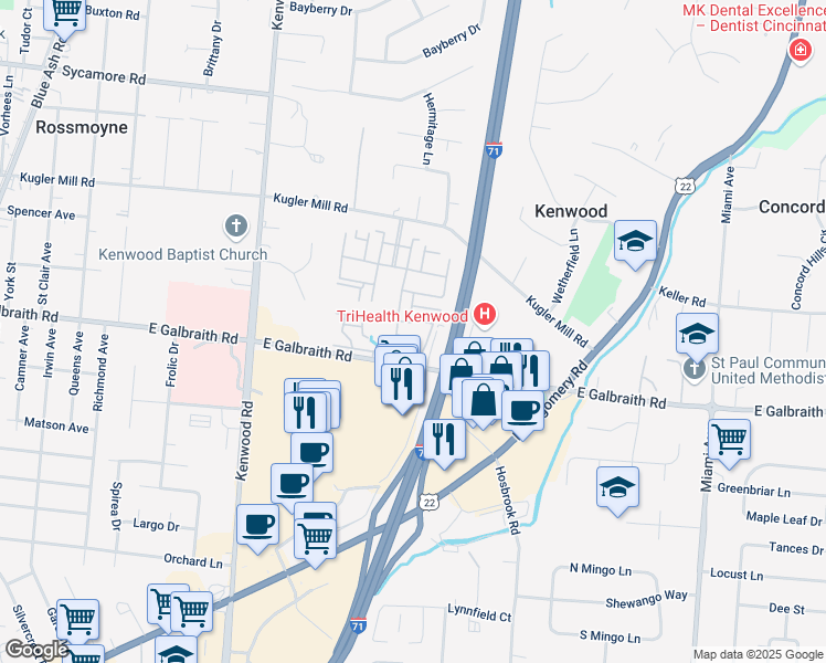 map of restaurants, bars, coffee shops, grocery stores, and more near 5536 East Galbraith Road in Cincinnati
