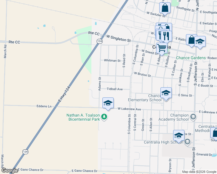 map of restaurants, bars, coffee shops, grocery stores, and more near 749 Tidball Ave in Centralia