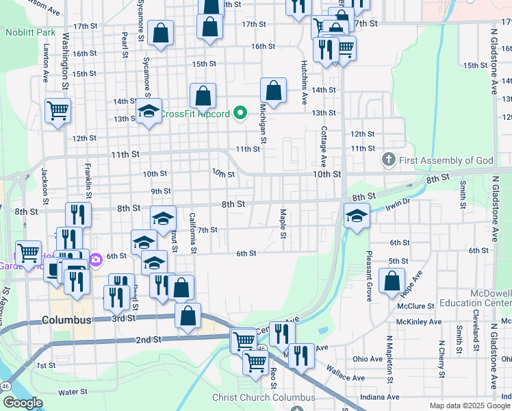 map of restaurants, bars, coffee shops, grocery stores, and more near 741 Reed Street in Columbus