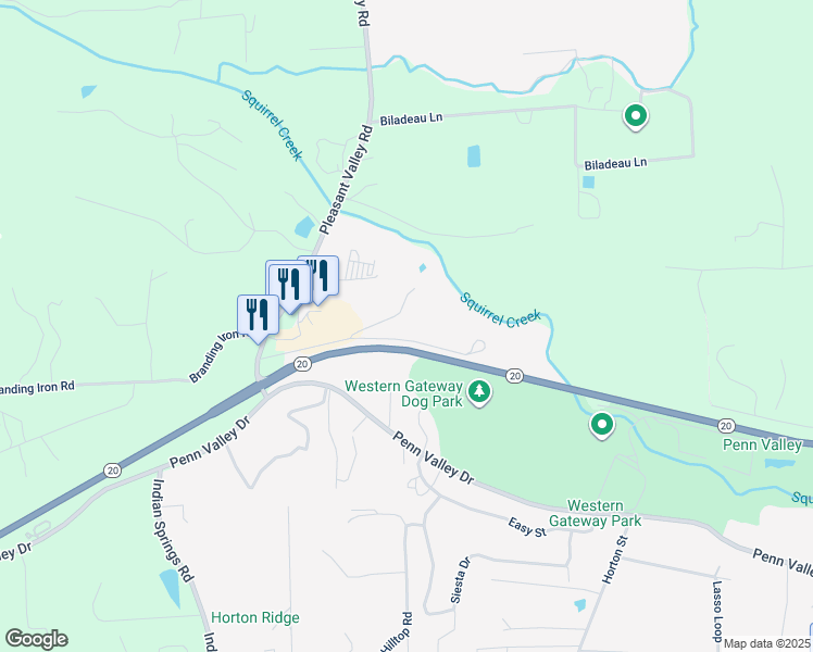 map of restaurants, bars, coffee shops, grocery stores, and more near 18590 Lazy Lane in Penn Valley