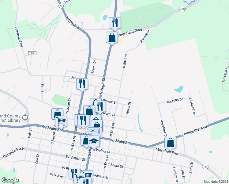 map of restaurants, bars, coffee shops, grocery stores, and more near 415 North East Street in Hillsboro