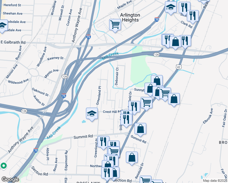 map of restaurants, bars, coffee shops, grocery stores, and more near 7886 Newbedford Avenue in Cincinnati
