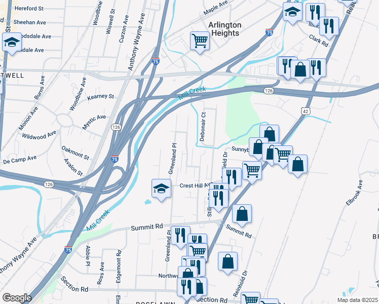 map of restaurants, bars, coffee shops, grocery stores, and more near 7865 Glen Orchard Drive in Cincinnati