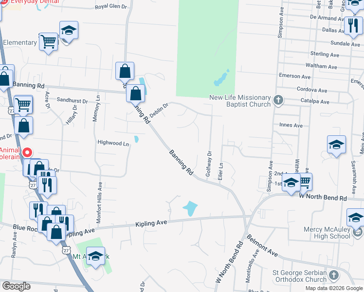 map of restaurants, bars, coffee shops, grocery stores, and more near 2342 Banning Road in Cincinnati