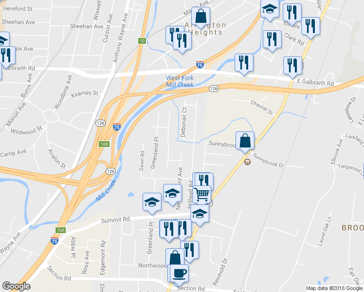 map of restaurants, bars, coffee shops, grocery stores, and more near 7886 Newbedford Avenue in Cincinnati