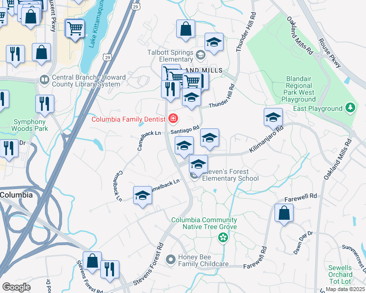 map of restaurants, bars, coffee shops, grocery stores, and more near 9594 Standon Place in Columbia