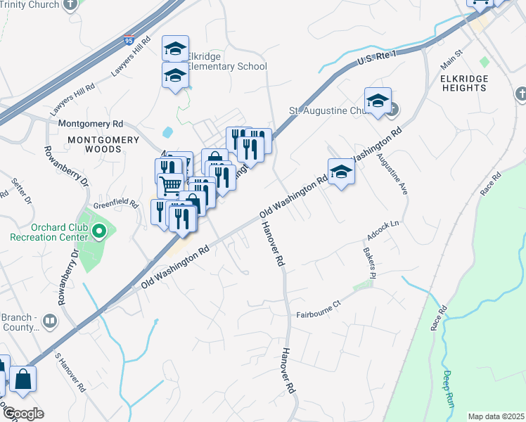 map of restaurants, bars, coffee shops, grocery stores, and more near 6238 Old Washington Road in Elkridge
