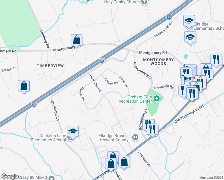 map of restaurants, bars, coffee shops, grocery stores, and more near 6628 Pheasant Drive in Elkridge