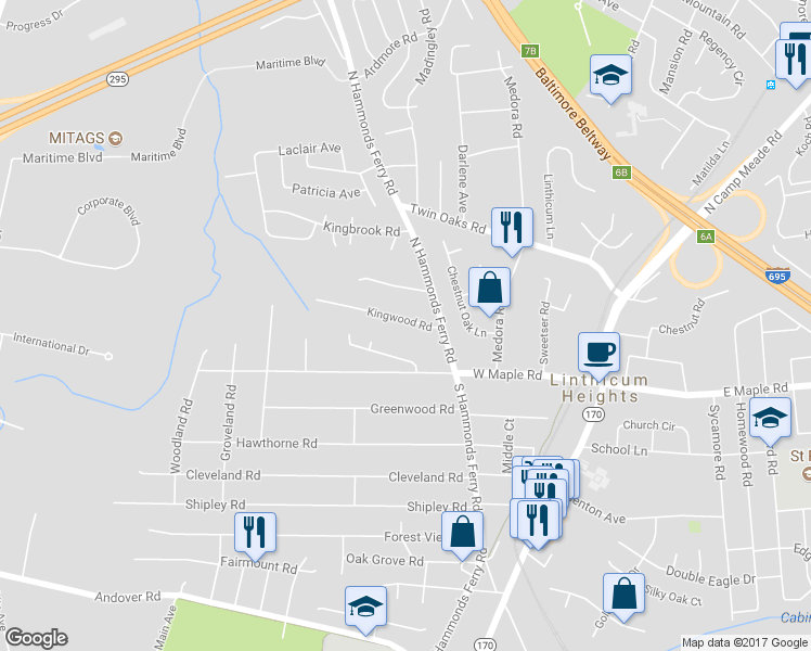 map of restaurants, bars, coffee shops, grocery stores, and more near 409 Kingwood Road in Linthicum Heights