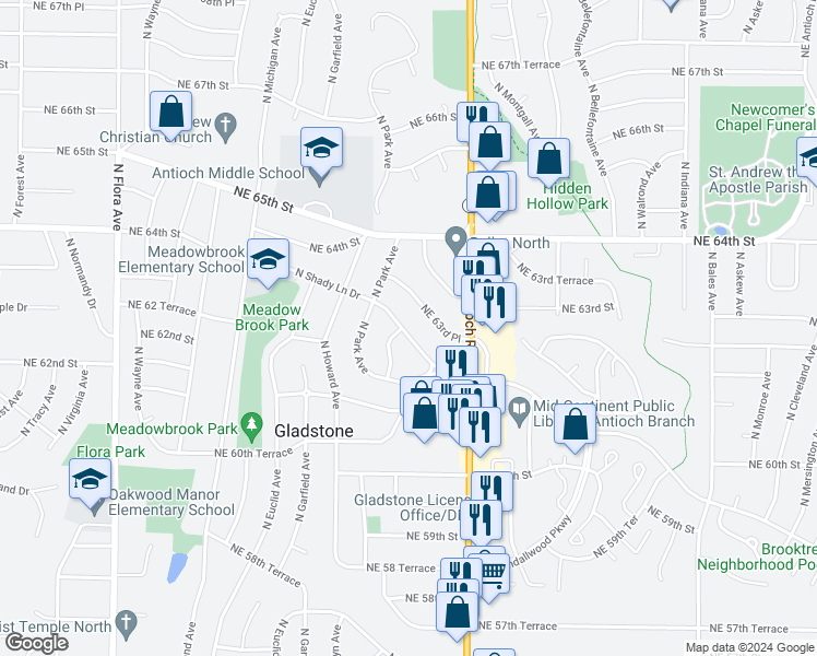 map of restaurants, bars, coffee shops, grocery stores, and more near 2400 Northeast Shady Lane Drive in Kansas City