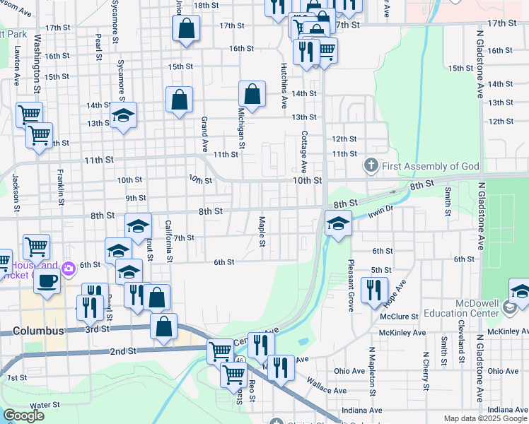 map of restaurants, bars, coffee shops, grocery stores, and more near 741 8th Street in Columbus