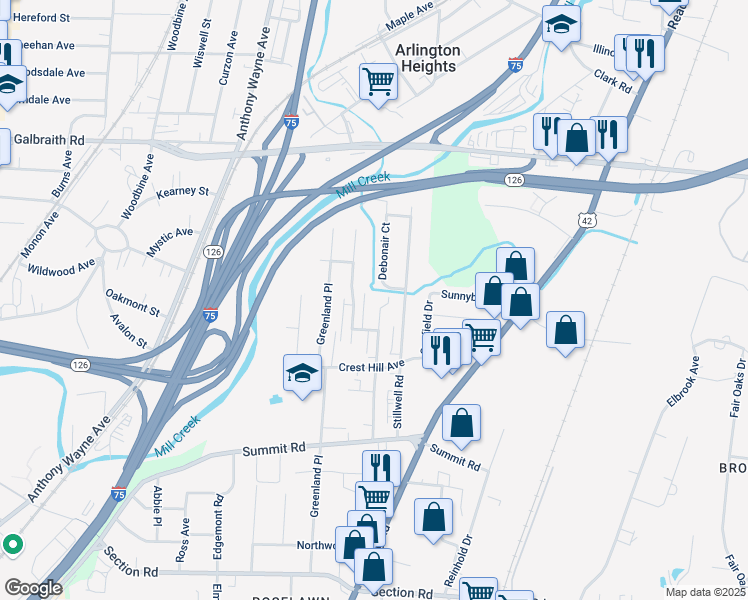map of restaurants, bars, coffee shops, grocery stores, and more near 7886 Newbedford Avenue in Cincinnati