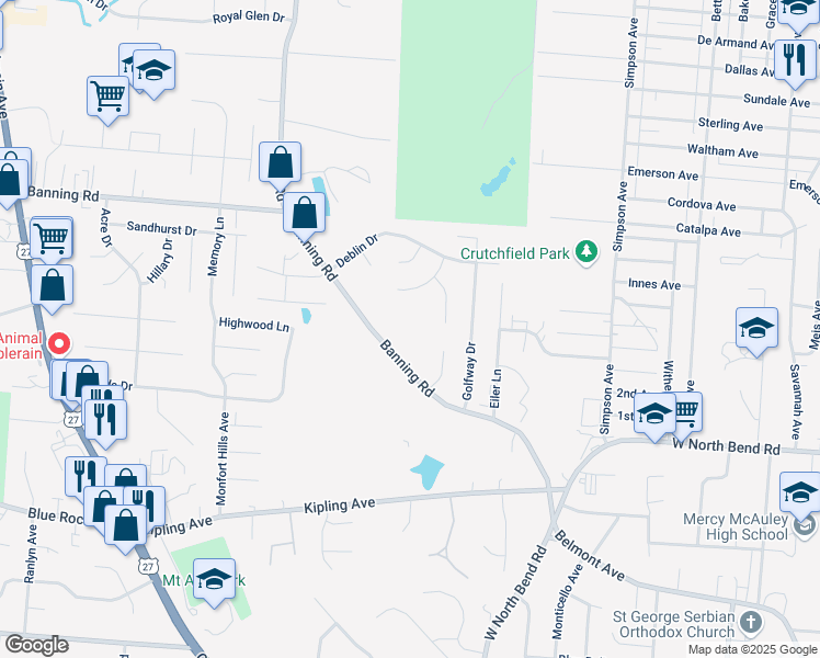 map of restaurants, bars, coffee shops, grocery stores, and more near 2342 Banning Road in Cincinnati