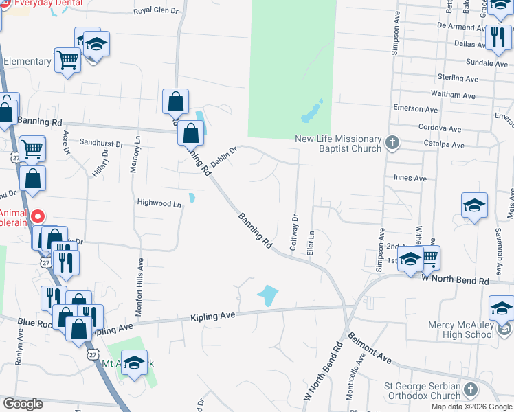 map of restaurants, bars, coffee shops, grocery stores, and more near 2342 Banning Road in Cincinnati