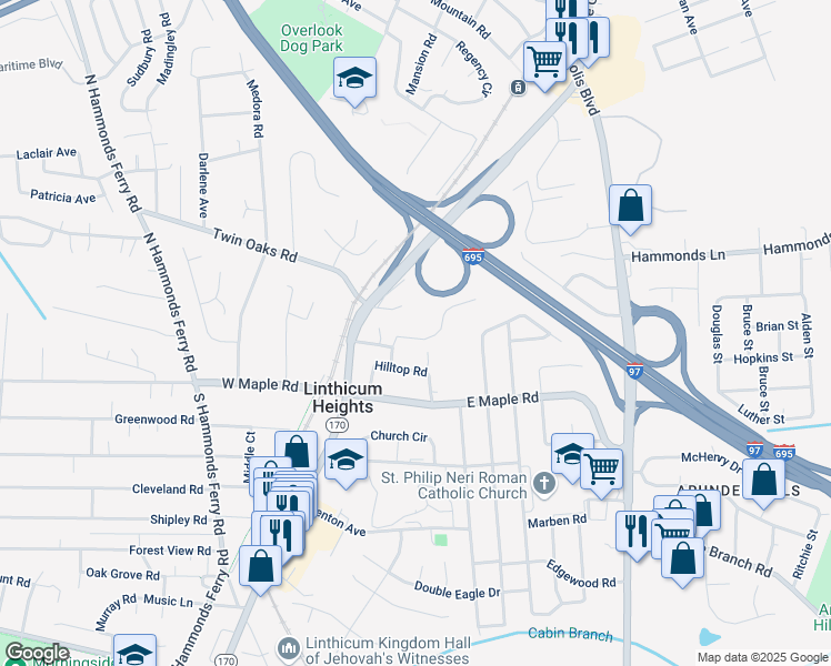 map of restaurants, bars, coffee shops, grocery stores, and more near 310 Chestnut Road in Linthicum Heights