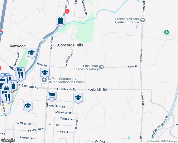 map of restaurants, bars, coffee shops, grocery stores, and more near 8039 Keller Road in Cincinnati