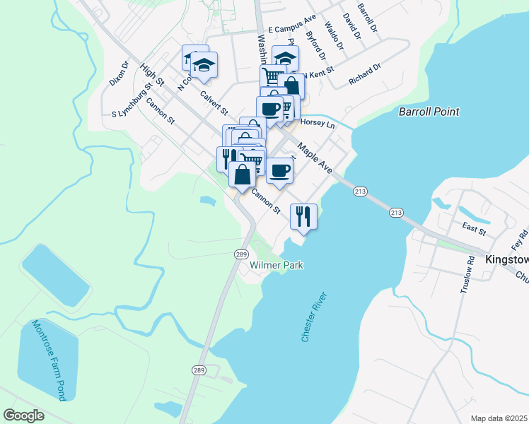 map of restaurants, bars, coffee shops, grocery stores, and more near 206 South Queen Street in Chestertown