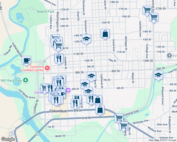 map of restaurants, bars, coffee shops, grocery stores, and more near 805 Sycamore St in Columbus