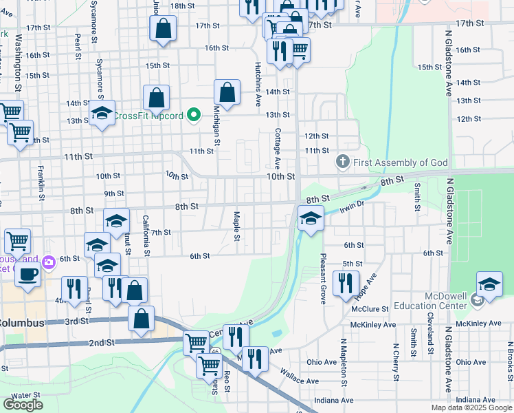map of restaurants, bars, coffee shops, grocery stores, and more near 737 Hutchins Avenue in Columbus