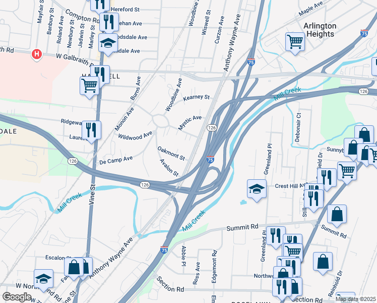 map of restaurants, bars, coffee shops, grocery stores, and more near 8151 Anthony Wayne Avenue in Cincinnati