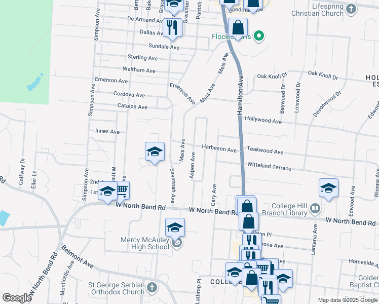 map of restaurants, bars, coffee shops, grocery stores, and more near 6353 Aspen Way in Cincinnati