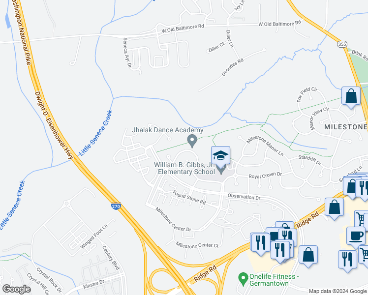 map of restaurants, bars, coffee shops, grocery stores, and more near 21345 Village Green Circle in Germantown