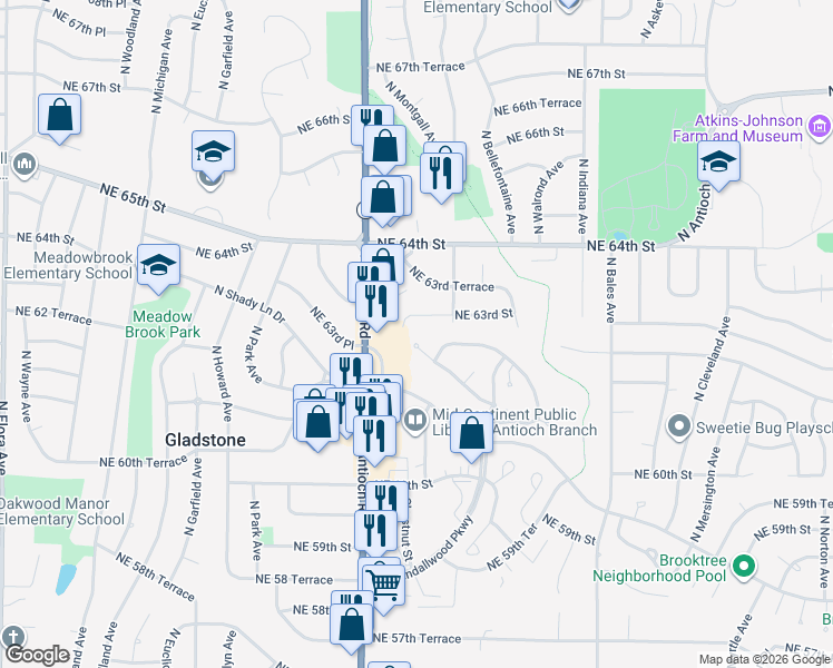 map of restaurants, bars, coffee shops, grocery stores, and more near 130 The Woodlands Drive in Kansas City