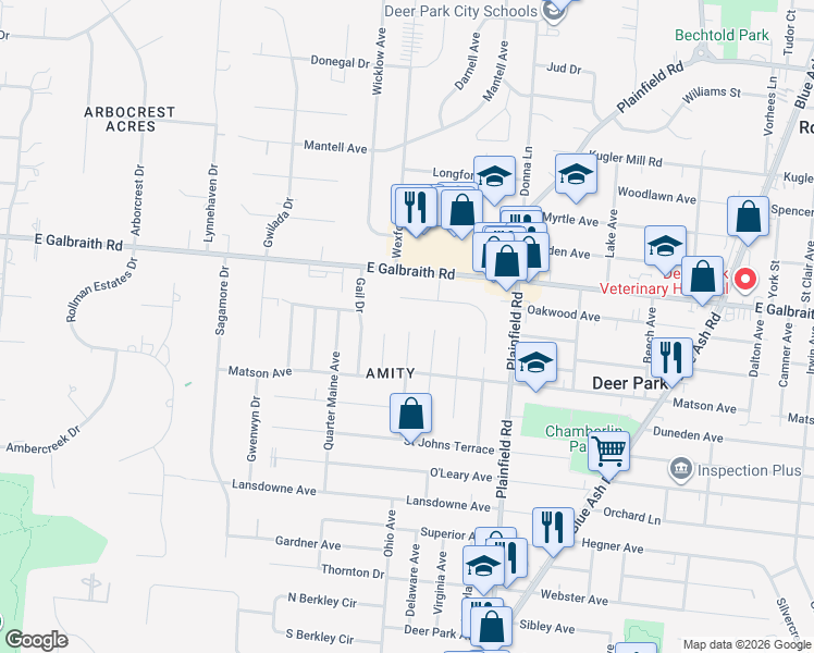 map of restaurants, bars, coffee shops, grocery stores, and more near 7837 Dearborn Avenue in Cincinnati