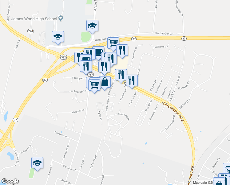 map of restaurants, bars, coffee shops, grocery stores, and more near 114 Westbury Place in Winchester