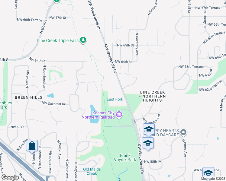 map of restaurants, bars, coffee shops, grocery stores, and more near 6218 Northwest Waukomis Drive in Kansas City