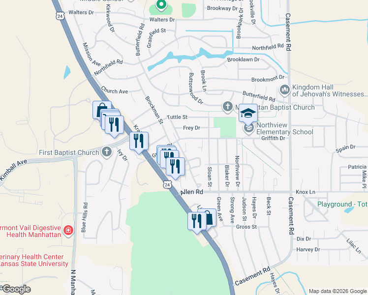 map of restaurants, bars, coffee shops, grocery stores, and more near 735 Griffith Drive in Manhattan