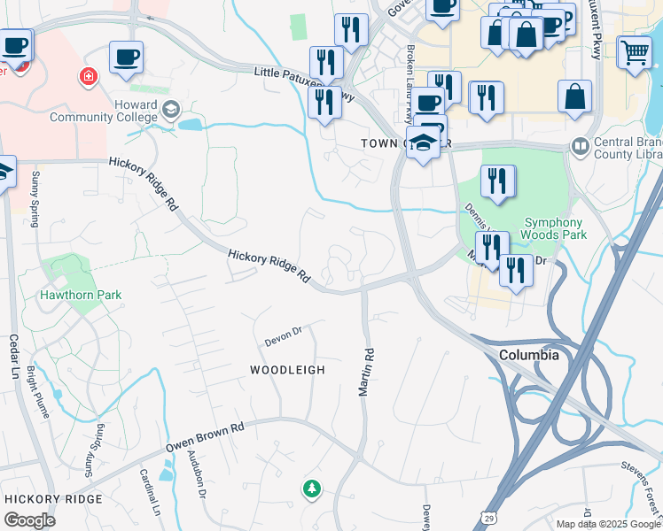 map of restaurants, bars, coffee shops, grocery stores, and more near 10300 Hickory Ridge Road in Columbia