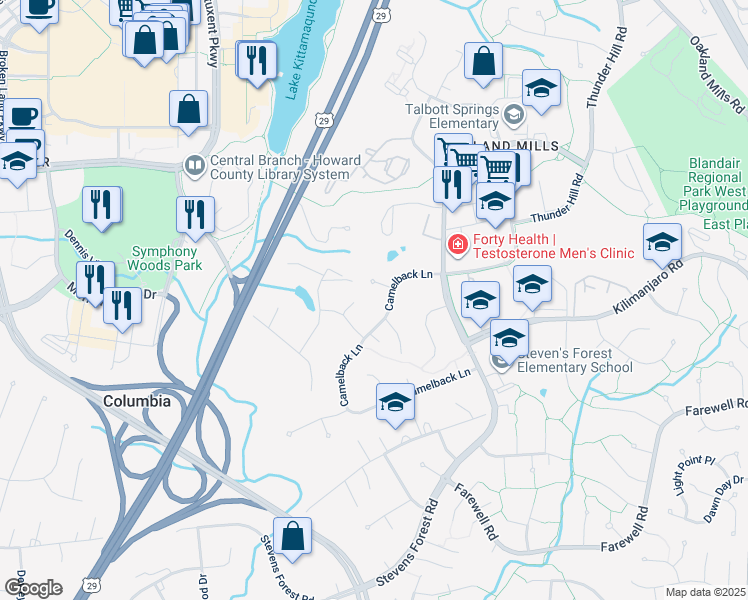 map of restaurants, bars, coffee shops, grocery stores, and more near 5994 Camelback Lane in Columbia