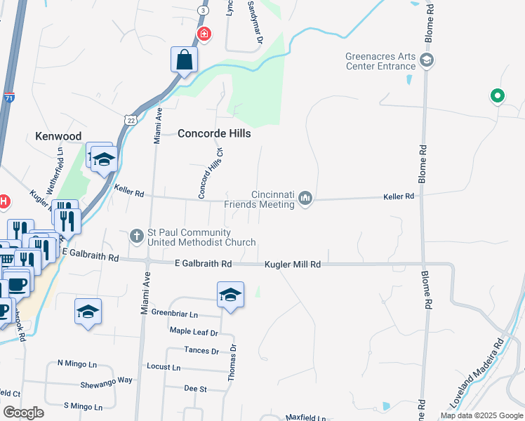 map of restaurants, bars, coffee shops, grocery stores, and more near 8039 Keller Road in Cincinnati